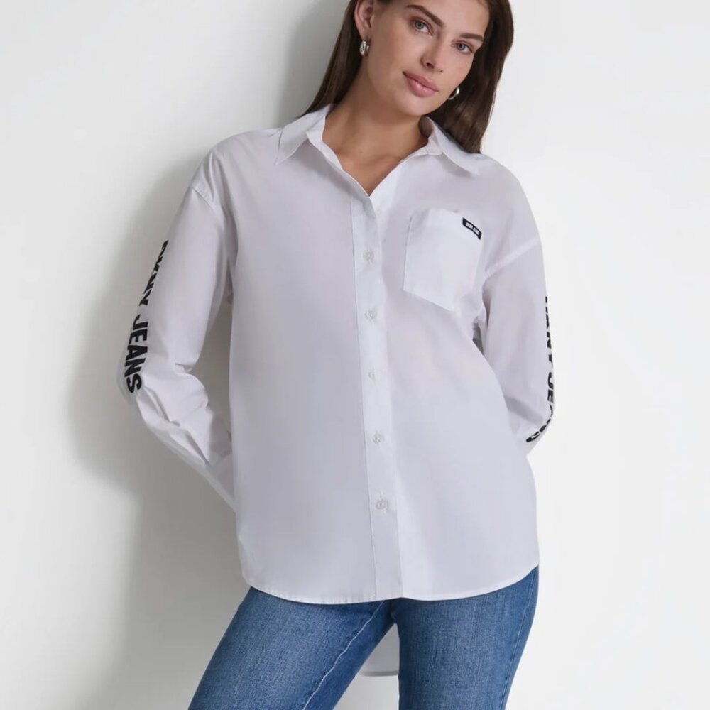 DKNY White Button-Front Long-Sleeve Shirt with Black Sleeve Script